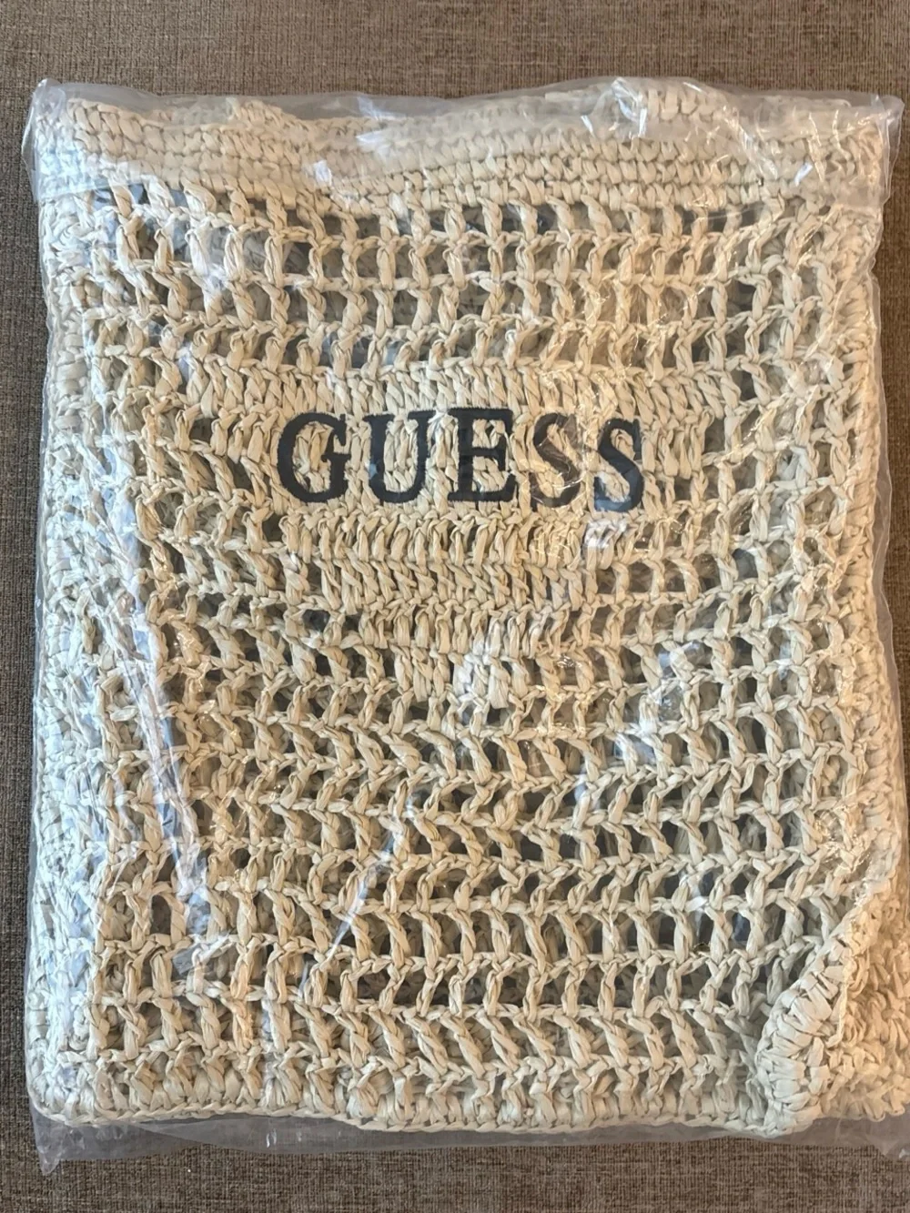 GUESS Cream Crochet Tote with Black Logo